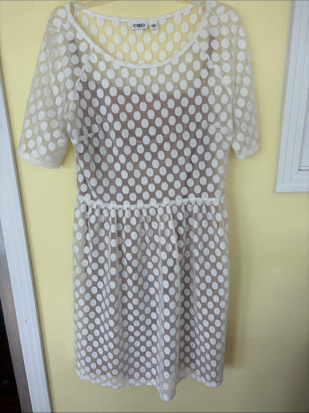Cato White Polka Dot Mesh Dress with Scoop Neck